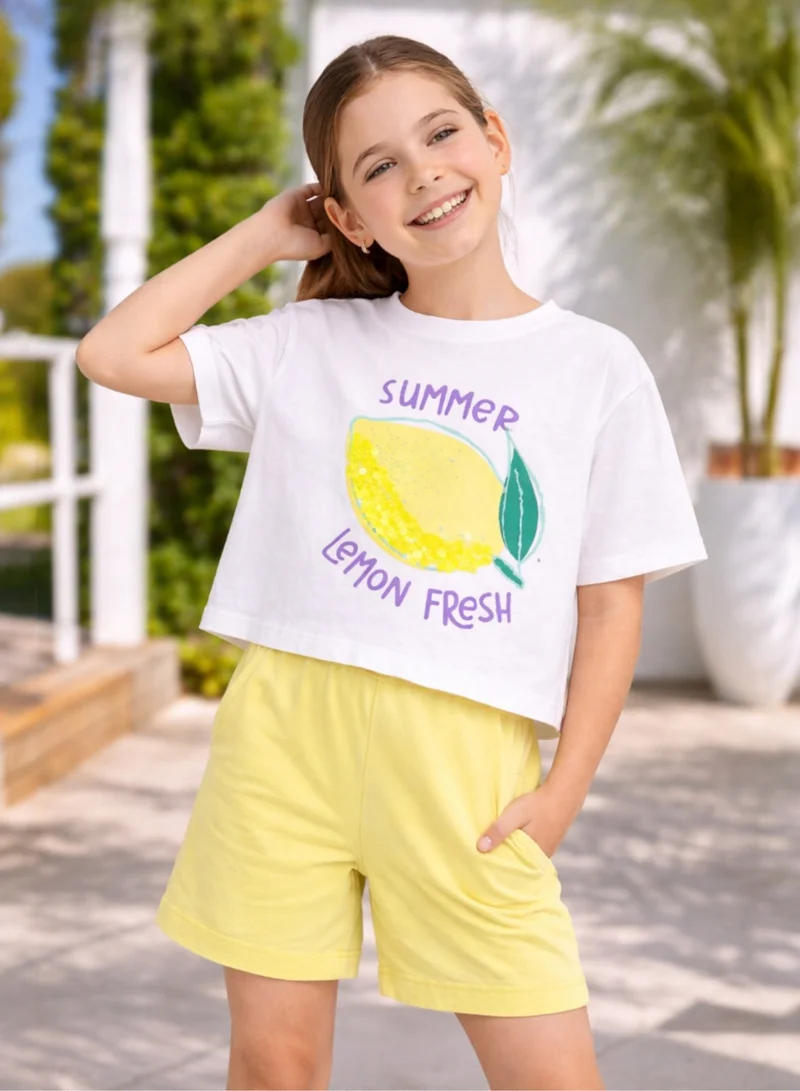 Victor And Jane  Girls 2 Pc Set Lemon Print Sequin Top & Shorts Set – White & Yellow for Women | Best Price UAE